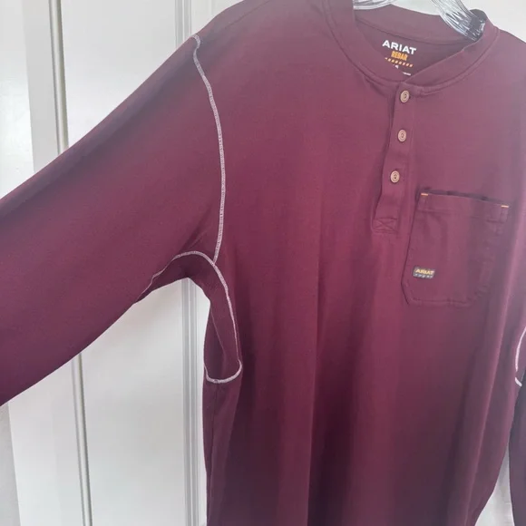 Ariat Rebar Long-Sleeve 3-Button Henley Work Shirt, Burgundy, Large, EUC - Picture 3 of 11